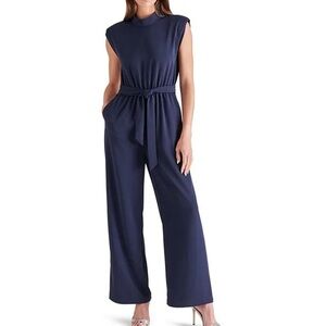 Steve Madden Navy Blue Jumpsuit with High Collar and Wide-Leg Design